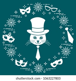 Muzzle of a cat in a cylinder hat and carnival masks, snowflakes, glasses, tie. Carnival festive concept. Costume for a party.