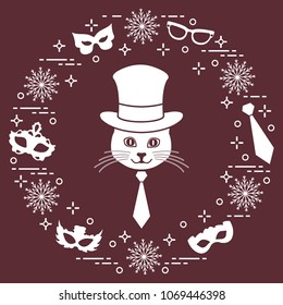 Muzzle of a cat in a cylinder hat and carnival masks, snowflakes, glasses, tie. Carnival festive concept. Costume for a party.