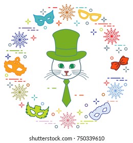 Muzzle of a cat in a cylinder hat and carnival masks, snowflakes, glasses, tie. Carnival festive concept. Costume for a party.