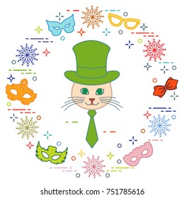Muzzle of a cat in a cylinder hat and carnival masks, snowflakes, glasses, tie. Carnival festive concept. Costume for a party.
