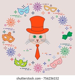 Muzzle of a cat in a cylinder hat and carnival masks, snowflakes, glasses, tie. Carnival festive concept. Costume for a party.