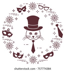 Muzzle of a cat in a cylinder hat and carnival masks, snowflakes, glasses, tie. Carnival festive concept. Costume for a party.