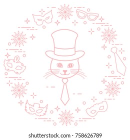 Muzzle of a cat in a cylinder hat and carnival masks, snowflakes, glasses, tie. Carnival festive concept. Costume for a party.