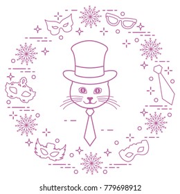 Muzzle of a cat in a cylinder hat and carnival masks, snowflakes, glasses, tie. Carnival festive concept. Costume for a party.