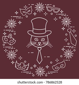Muzzle of a cat in a cylinder hat and carnival masks, snowflakes, glasses, tie. Carnival festive concept. Costume for a party.