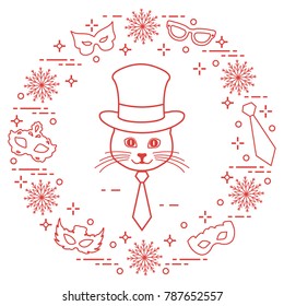 Muzzle of a cat in a cylinder hat and carnival masks, snowflakes, glasses, tie. Carnival festive concept. Costume for a party.