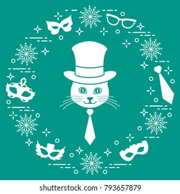 Muzzle of a cat in a cylinder hat and carnival masks, snowflakes, glasses, tie. Carnival festive concept. Costume for a party.