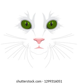 Muzzle of a cat on a white background. Big green eyes, nose and moustaches of an animal cat. Flat design.