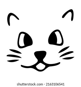 The muzzle of a cat. Sketch. Cute kitten. Mustachioed pet. Vector illustration. Outline on isolated background. Doodle style. Idea for web design.
