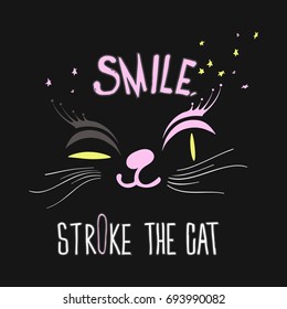 Muzzle of a cat, a smile, hearts, asterisks. Smile, stroke the cat.