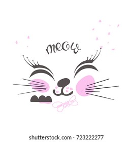 Muzzle of a cat, a smile, hearts, asterisks. Smile, stroke the cat.