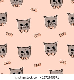 Muzzle of cats with bows on a coral background. Seamless pattern.