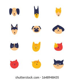 Muzzle of cats and dogs, pets. Flat style vector illustration.