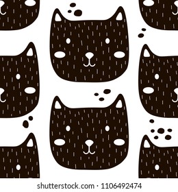Muzzle of cats, hand drawn backdrop. Black and white seamless pattern with muzzles of animals. Decorative cute wallpaper, good for printing. Overlapping background vector. Design illustration