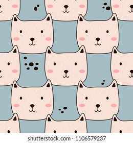 Muzzle of cats, hand drawn backdrop. Colorful seamless pattern with muzzles of animals. Decorative cute wallpaper, good for printing. Overlapping background vector. Design illustration