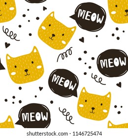 Muzzle of cats, hand drawn backdrop. Colorful seamless pattern with muzzles of animals. Decorative cute wallpaper, good for printing. Overlapping background vector. Design illustration, meow