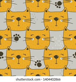 Muzzle of cats, hand drawn backdrop. Colorful seamless pattern with muzzles of animals. Decorative cute wallpaper, good for printing. Overlapping background vector. Design illustration, meow