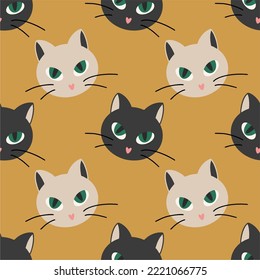 Muzzle of cats, hand drawn backdrop. Colorful seamless pattern with muzzles of animals. Decorative cute wallpaper, good for printing. Overlapping background vector. Design illustration.