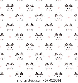 Muzzle of cats and pink hearts on white background. Seamless vector hand drawing pattern. Animal texture.