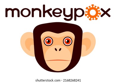 Muzzle of chimpanzee and inscription monkey pox with virus symbol. Vector illustration in flat geometric style. New smallpox virus, disease of 2022. Manually drawn text. Isolated on white background
