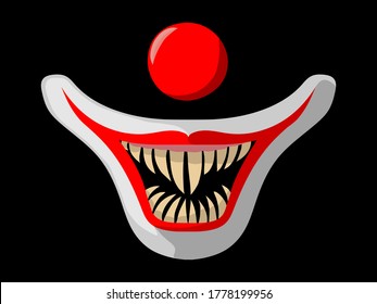 The muzzle of a clown on a black background. Cartoon scary movie poster with creepy clown face. Red clown nose and mouth with fangs. Halloween vector illustration.