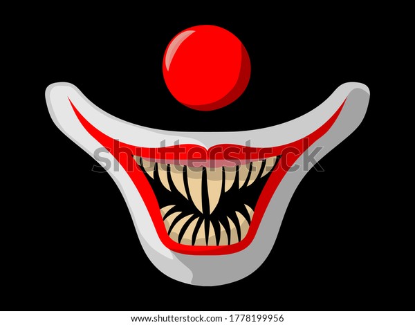 黒い背景にピエロの鼻口 気味の悪い道化役の顔をした漫画の怖い映画ポスター 赤いピエロの鼻と口に牙を持つ ハロウィーンのベクターイラスト のベクター画像素材 ロイヤリティフリー
