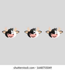 Muzzle of a cow with open and closed eyes isolated on background. Stock vector illustration for decoration and design, postcards, fabrics, packaging, children's textile, poster, banner, book, coloring