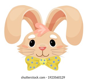 The muzzle of a cute cartoon hare with a bow. Easter bunny. Flat vector illustration
