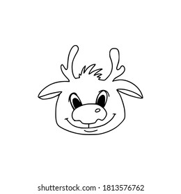 Muzzle of a cute Christmas reindeer. Big nose, small horns. Festive winter concept. Doodle style. Vector illustration on isolated background. For printing on fabric, postcards, web.