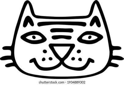 Muzzle of cute fat striped kitty. Satisfied domestic cat. Vector illustration of pet. Cartoon picture for children. Clipart for nursery icons, print design. Hand-drawn black linear doodle.