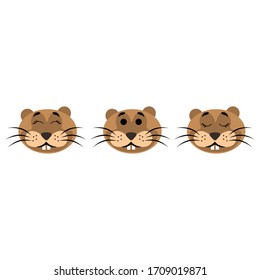 The muzzle of a cute nutria rat with open and closed eyes, isolated on a white background. Stock vector illustration for decoration and design, postcards, fabrics, packaging, baby textile, poster