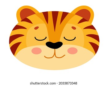 Muzzle of a Cute tiger. Symbol of the new year. Year of the tiger. Tabby kitten. Vector illustration isolated on white background.