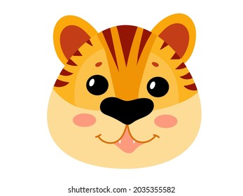 Muzzle of a Cute tiger. Symbol of the new year. Year of the tiger. Tabby kitten. Vector illustration isolated on white background.
