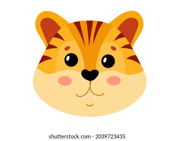 Muzzle of a Cute tiger. Symbol of the new year. Year of the tiger. Tabby kitten. Vector illustration isolated on white background.