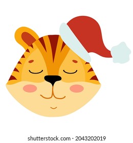 Rompecabezas de un tigre Cute. Símbolo del nuevo año. Año del tigre. Gatito de tabby con sombrero de santa. Ilustración vectorial aislada en fondo blanco.