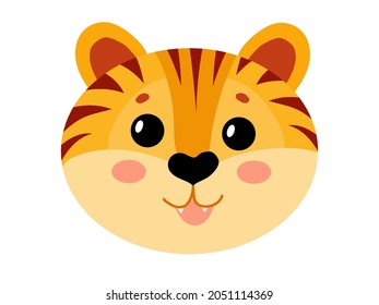 Muzzle of a Cute tiger. Symbol of the new year. Year of the tiger. Tabby kitten. Vector illustration isolated on white background.