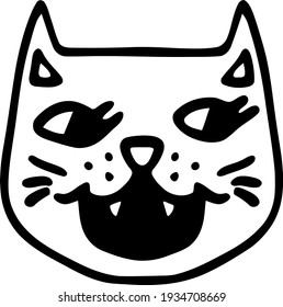 Muzzle of cute toothy cat with large mouth. Cartoon big-eyed pet for kids. Picture of meowing kitten. Black doodle. Vector illustration for design nursery icons, print. Clipart with funny animal face 
