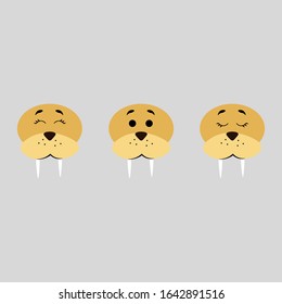 Muzzle of a cute walrus with open and closed eyes isolated on background. Stock vector illustration for decoration and design, postcards, fabrics, packaging, baby textiles, poster, banner, books.