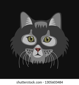 Muzzle dark grey cat on black dackgraund. Vector drawing of pet. Simplified image of animal.