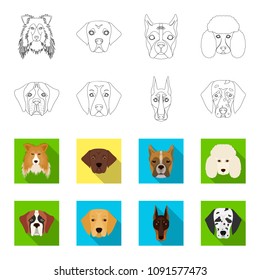 Muzzle of different breeds of dogs.Dog of the breed St. Bernard, golden retriever, Doberman, Dalmatian set collection icons in outline,flat style vector symbol stock illustration web.