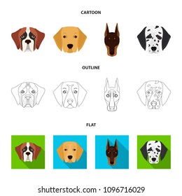 Muzzle of different breeds of dogs.Dog of the breed St. Bernard, golden retriever, Doberman, Dalmatian set collection icons in cartoon,outline,flat style vector symbol stock illustration web.