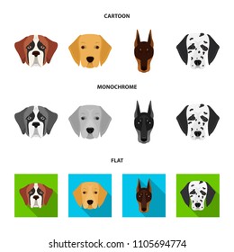 Muzzle of different breeds of dogs.Dog of the breed St. Bernard, golden retriever, Doberman, Dalmatian set collection icons in cartoon,flat,monochrome style vector symbol stock illustration web.