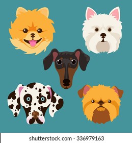 muzzle different breeds of dogs.Dog characters. Cartoon vector illustration.Set of 5 stickers different pug, handmade. Head. Icons.