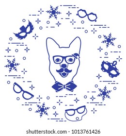 Muzzle of dog in carnival costume, masks, snowflakes, glasses, mustache, bow tie. Carnival festive concept. Costume for a party.