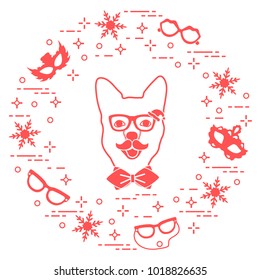 Muzzle of dog in carnival costume, masks, snowflakes, glasses, mustache, bow tie. Carnival festive concept. Costume for a party.