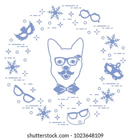 Muzzle of dog in carnival costume, masks, snowflakes, glasses, mustache, bow tie. Carnival festive concept. Costume for a party.