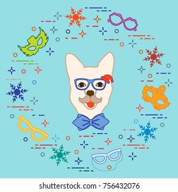 Muzzle of dog in carnival costume, masks, snowflakes, glasses, mustache, bow tie. Carnival festive concept. Costume for a party.