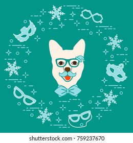 Muzzle of dog in carnival costume, masks, snowflakes, glasses, mustache, bow tie. Carnival festive concept. Costume for a party.