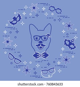 Muzzle of dog in carnival costume, masks, snowflakes, glasses, mustache, bow tie. Carnival festive concept. Costume for a party.