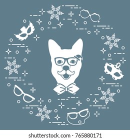 Muzzle of dog in carnival costume, masks, snowflakes, glasses, mustache, bow tie. Carnival festive concept. Costume for a party.
